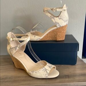 Cole Haan Sadie Cream and Gray Snakeskin Wedges with Peep-Toe Design